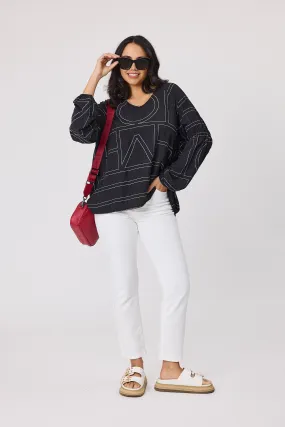 Shine On Label Rashin V Neck Top Black Print Relaxed Fit Shirt Minimalist Styling