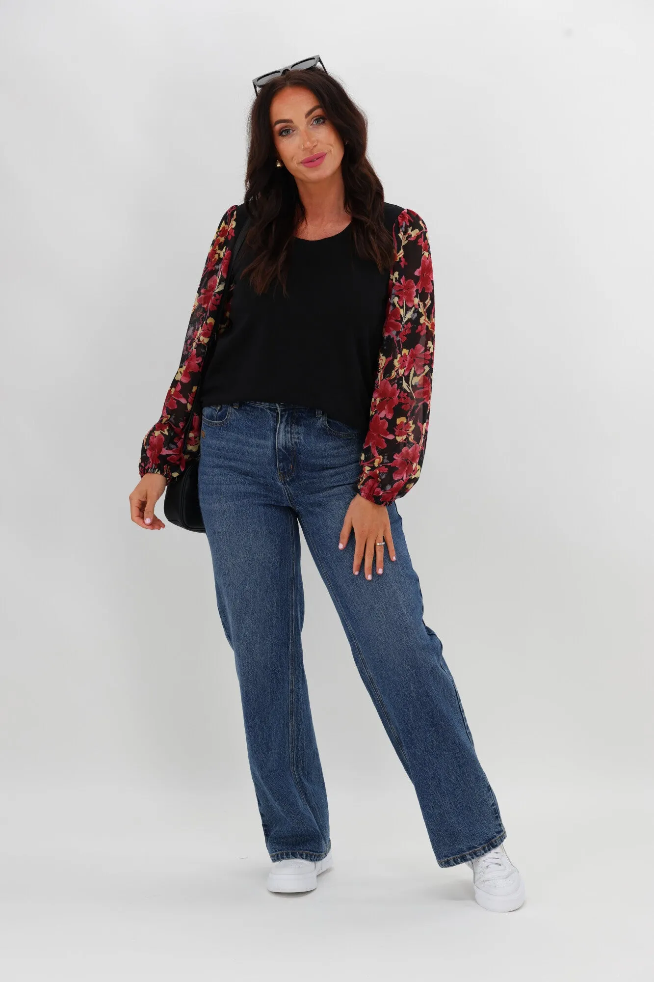 Gloss The Label Agatha Contrast Sleeve Top Black and Cranberry Floral Minimalist Cuff