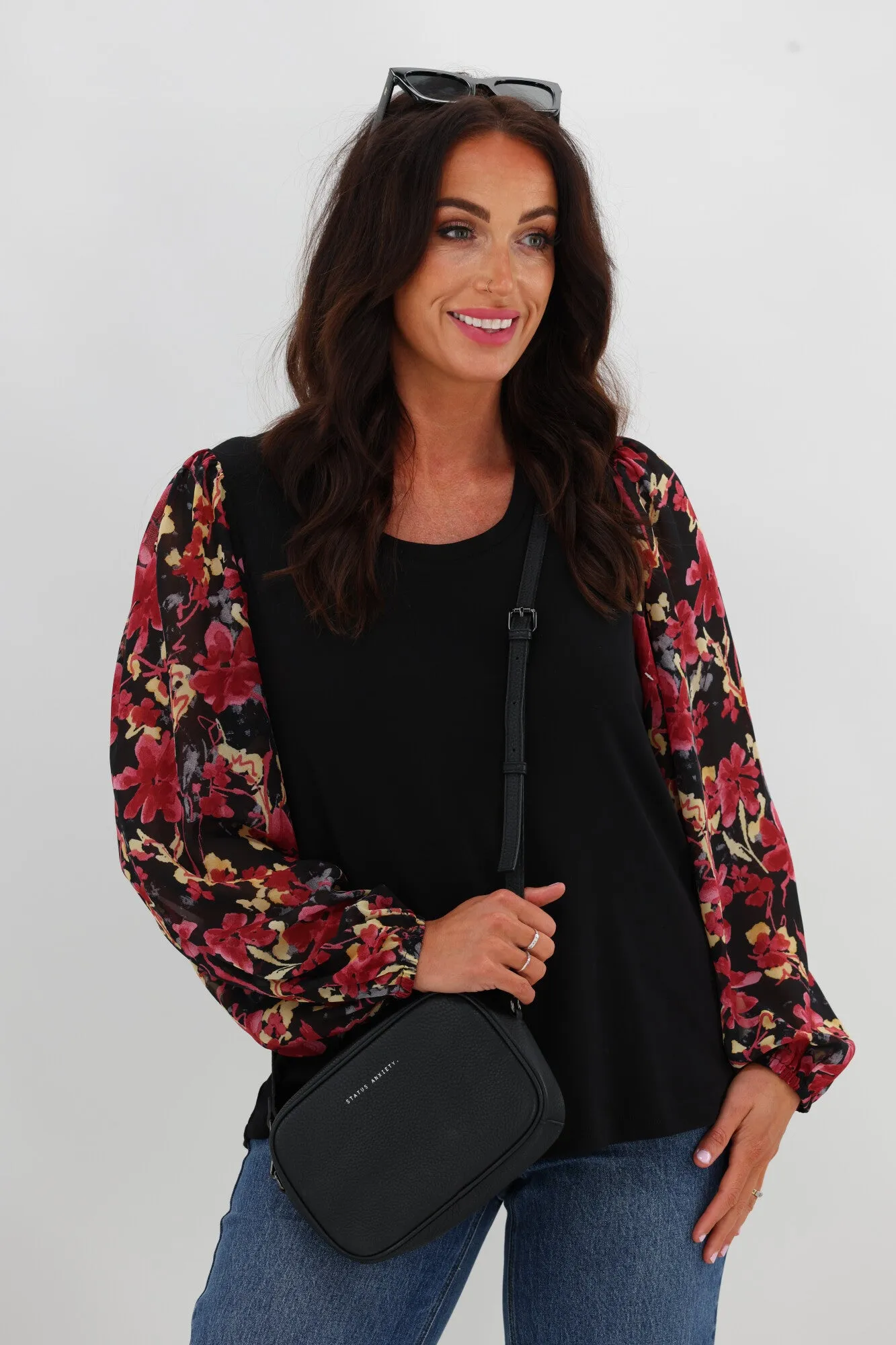Gloss The Label Agatha Contrast Sleeve Top Black and Cranberry Floral Heather Effect Finish SnagFreeKnit