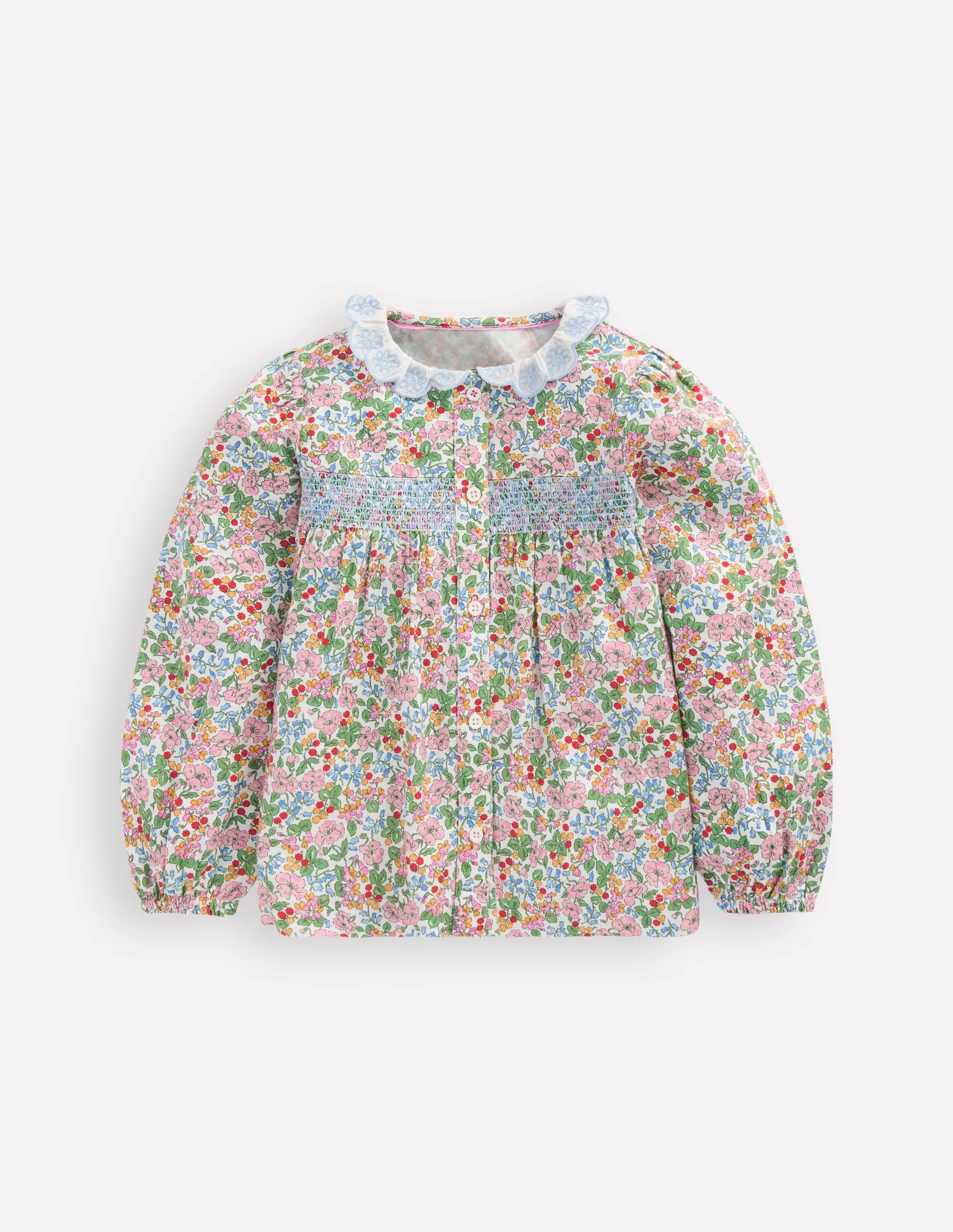 DoubleLayered Collar PreShrunk Fabric Scalloped Collar Smocked Shirt-Soft Ivory Berry Floral