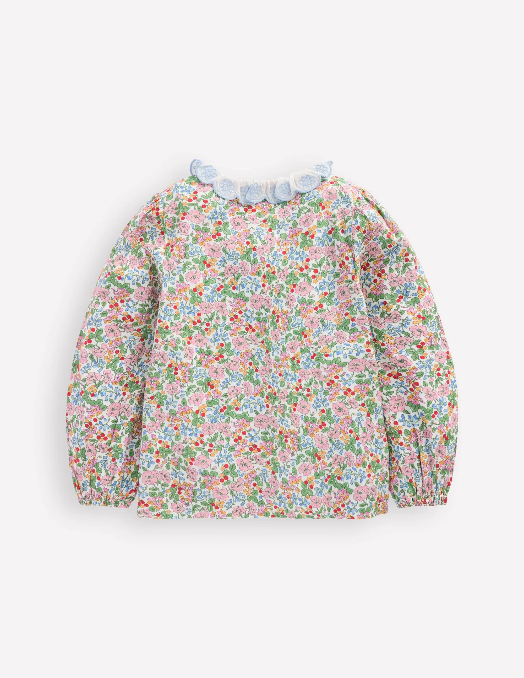 Scalloped Collar Smocked Shirt-Soft Ivory Berry Floral Lightweight Layering Option AntiOdorTechnology