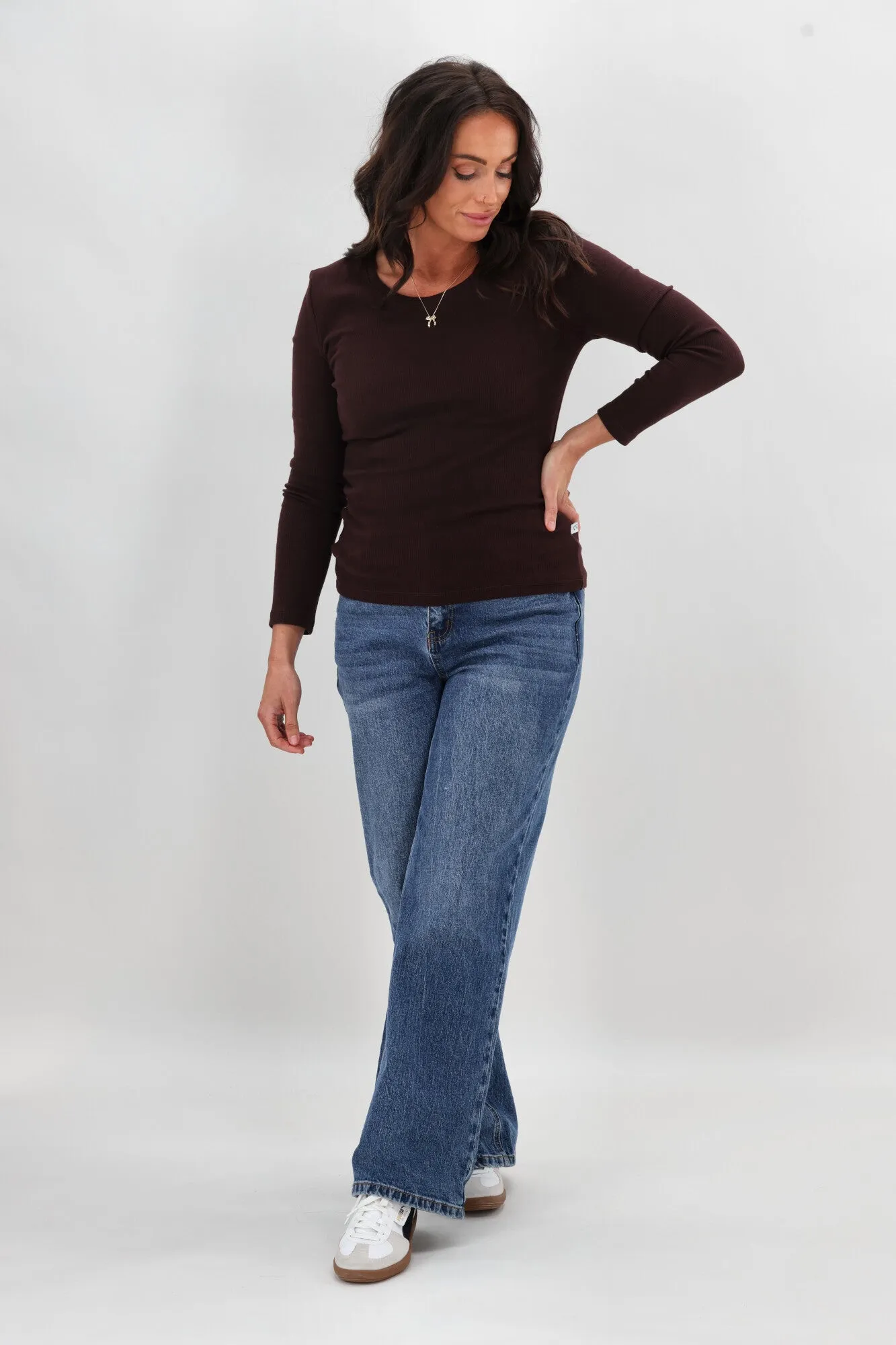 Fashionable Look Shine On Essential Rib Long Sleeve Chocolate