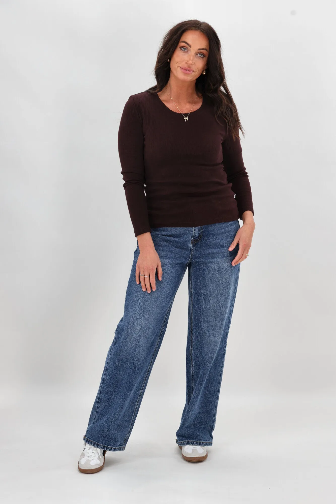 Shine On Essential Rib Long Sleeve Chocolate Ventilation Panel Stretchy Top