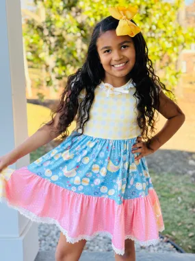 Yellow Gingham Hens & Chicks Ruffle Tier Dress with Pockets Fashionable Design Dreamy Presence