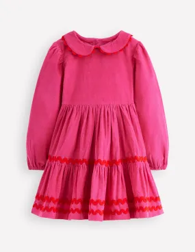 Aura Glow Cord Ric Rac Trim Dress-Raspberry Pink