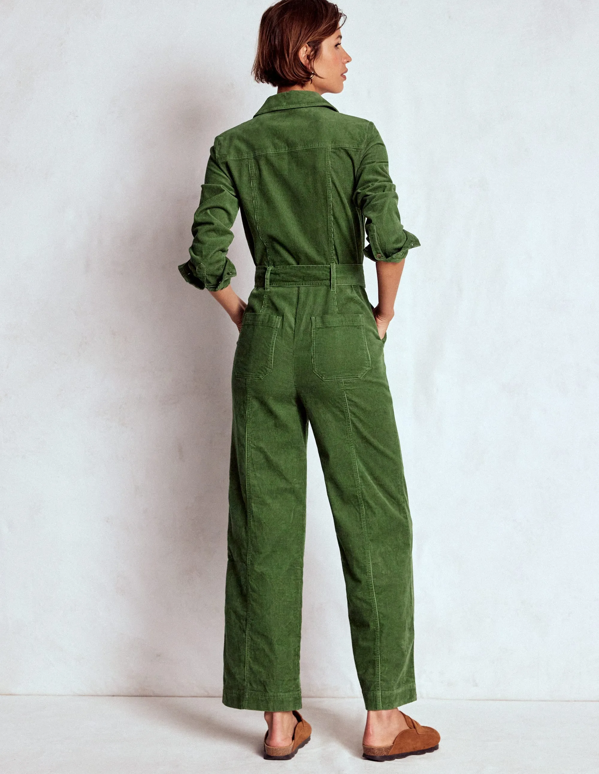 Dreamy Silhouette Pure Shape Zip Up Cord LS Jumpsuit-Fern