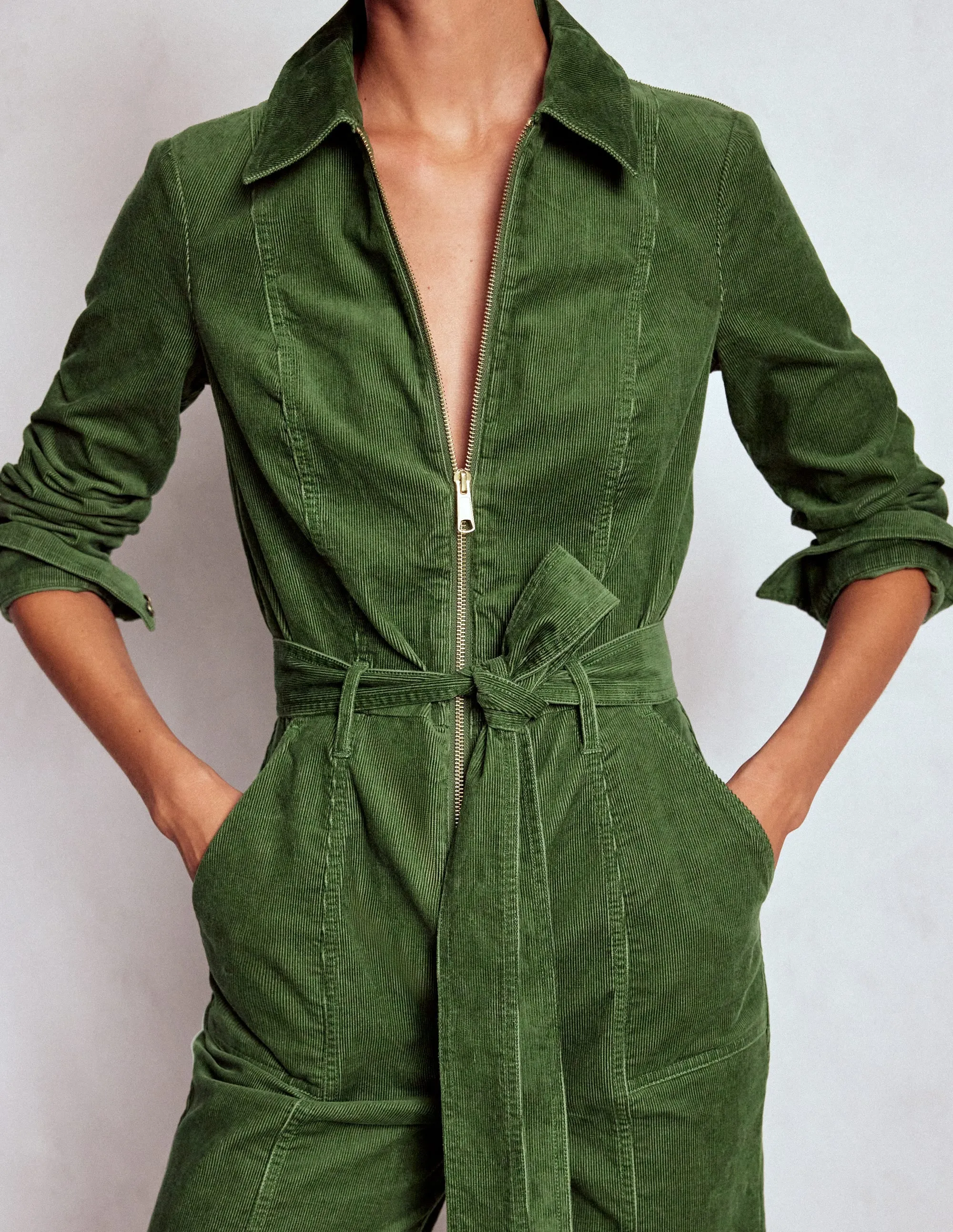 Stylish Silhouette Zip Up Cord LS Jumpsuit-Fern