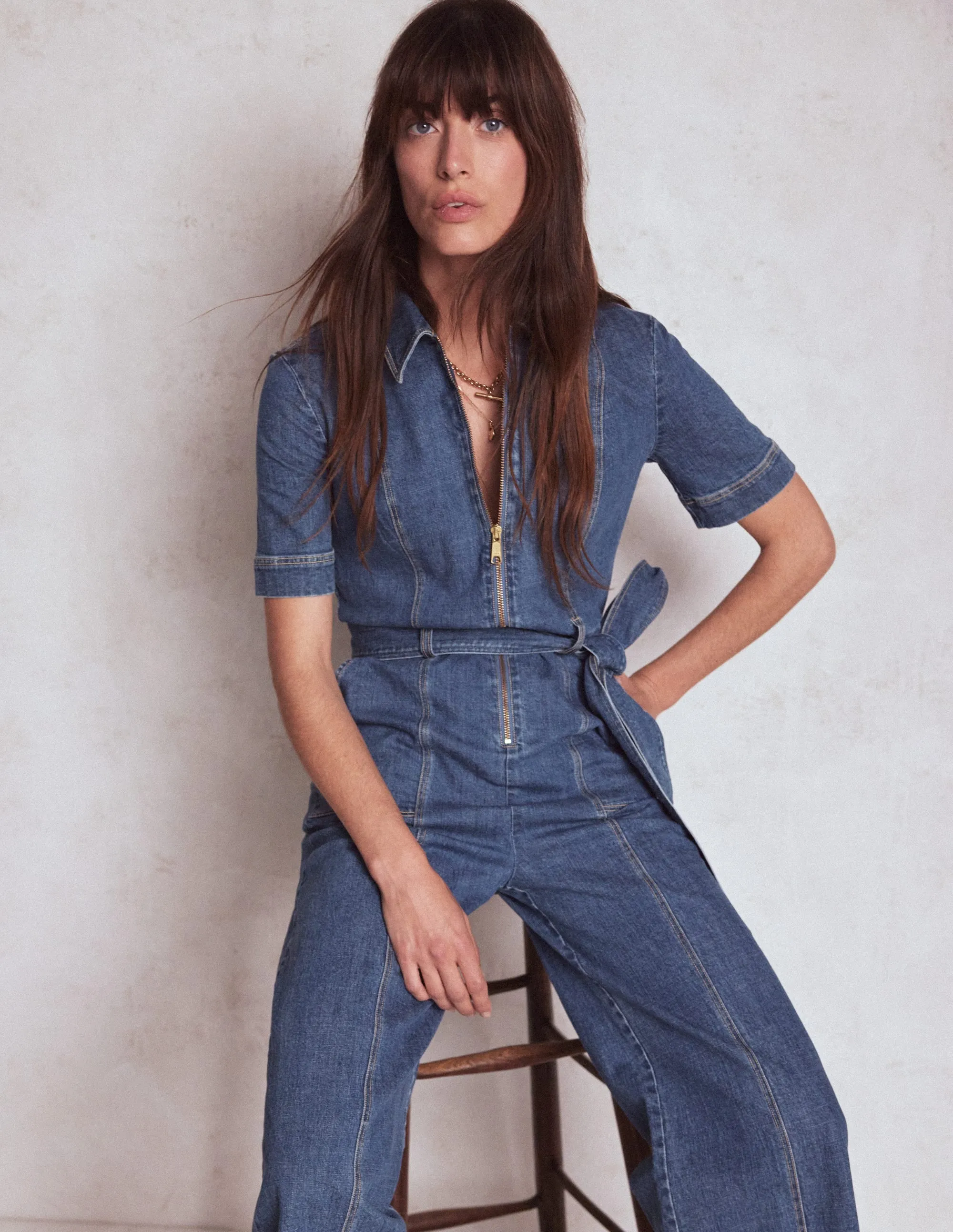 Versatile party outfit All-season Zip Up Denim Jumpsuit-Mid Vintage